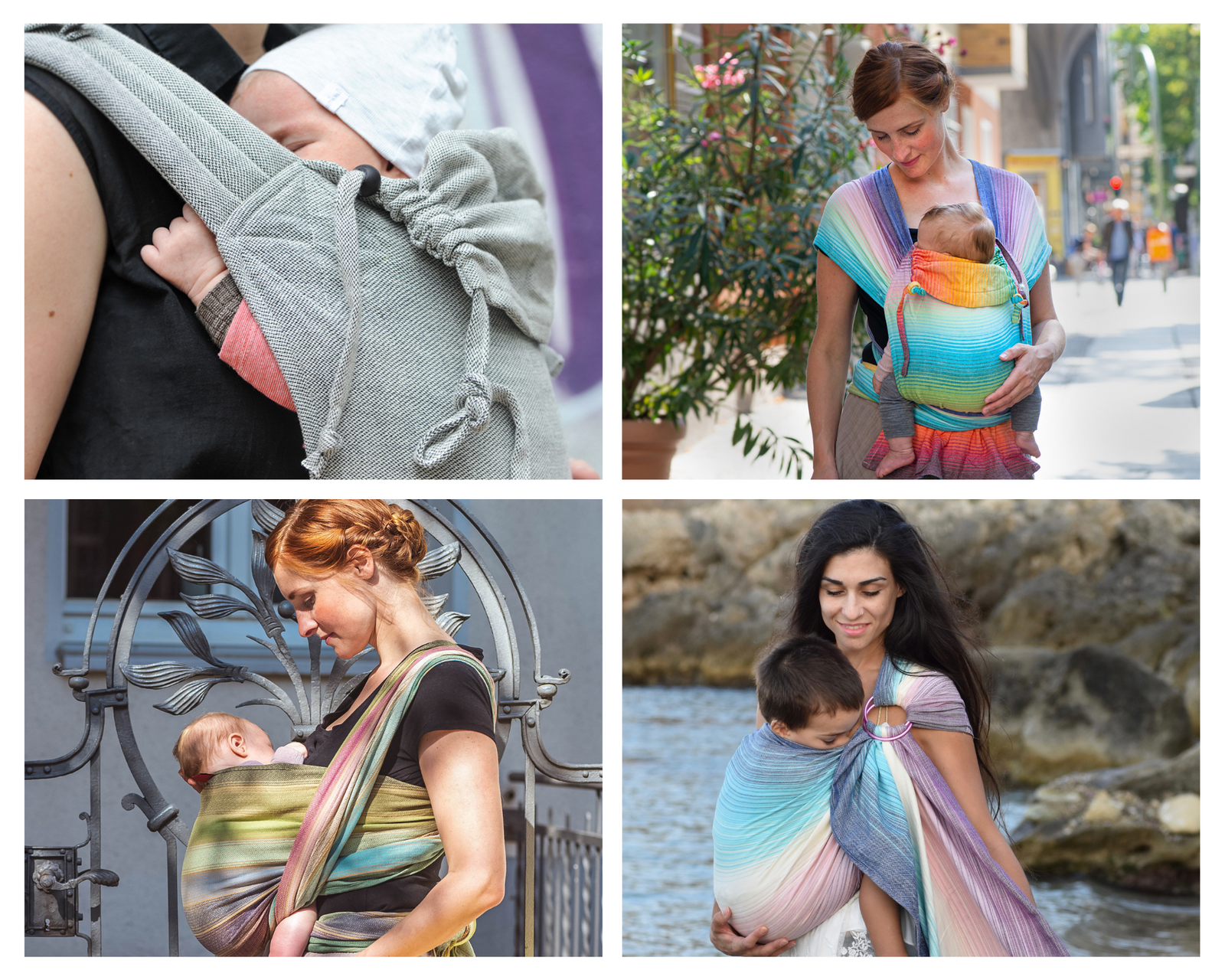 Collage mit veschiedenen Tragemöglichkeiten: MySol Tragehilfe, WrapMySol, Tragetuch und Ringsling